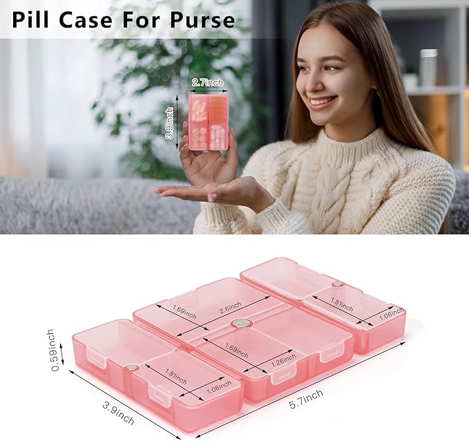FYY Daily Pill Organizer, 7 Compartments Portable Pill Case Travel Pill Organizer,[Folding Design] Pill Box for Purse Pocket to Hold Vitamins,Cod Liver Oil,Supplements and Medication-Clear Red