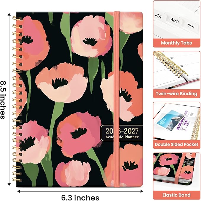 Planner 2026-2027, Academic Year Weekly and Monthly Calender Planner, from Jul 2026 - Jun 2027, Spiral Bound School Planning Book, Perfect for Teacher, Student, Women & Men, A5 (6.3" x 8.5"), Midnight Poppies