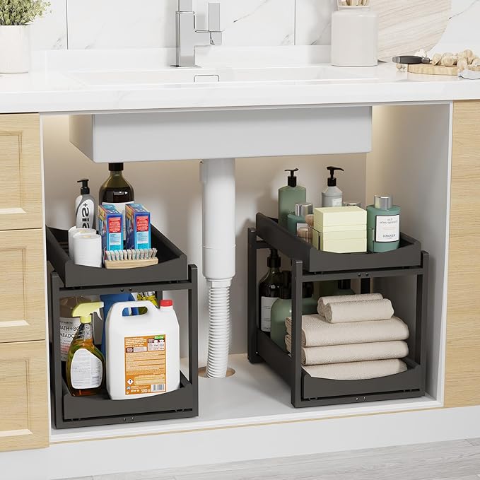 Wisuce Essentials Bamboo Under Sink Organizer Adjustable Height 2-Tier Bathroom Organizer Pull-Out Cabinet Storage Kitchen Heavy Duty Wood Slide Out Shelf for Kitchen Bathroom (Black, 2 Packs)