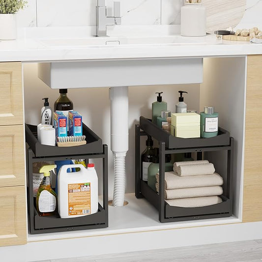 Wisuce Essentials Bamboo Under Sink Organizer Adjustable Height 2 Tier Bathroom Organizer Pull Out Cabinet Storage Kitchen Heave Duty Wood Slide Ou Shelf for Kitchen Bathroom (Black, 2 Packs)