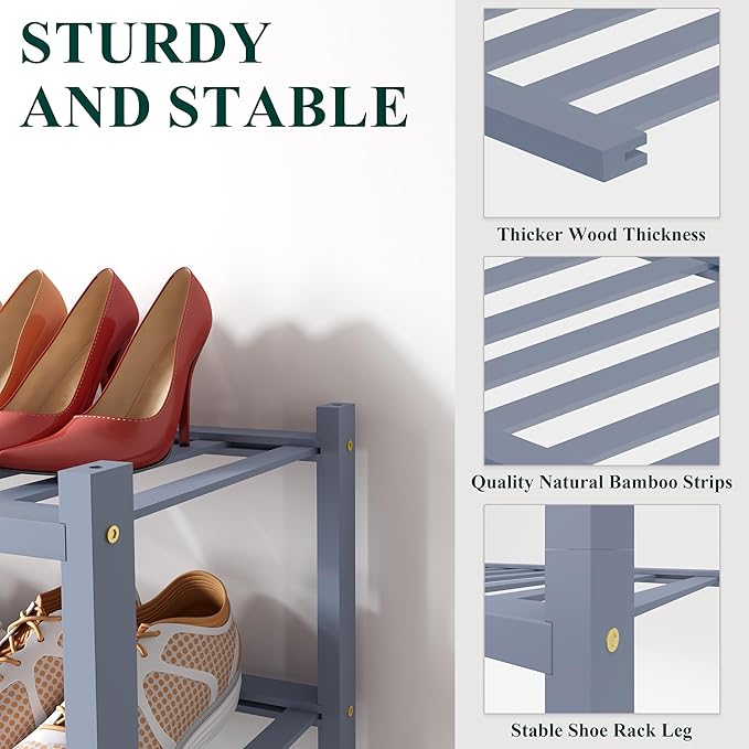 Smiry Bamboo Shoe Rack for Closet, 6-Tier Small Wooden Stackable Shoe Organizer, Freestanding Shoe Storage Shelf for Entryway, Front Door Entrance, Grey