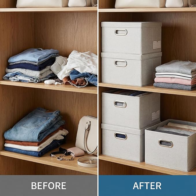 PRANDOM Storage Bins with Lids [3-Pack] Linen Fabric Foldable Storage Boxes Organizer Containers Baskets Cube with Cover for Bedroom Closet Office Beige (11.4"x8.6"x6.7")