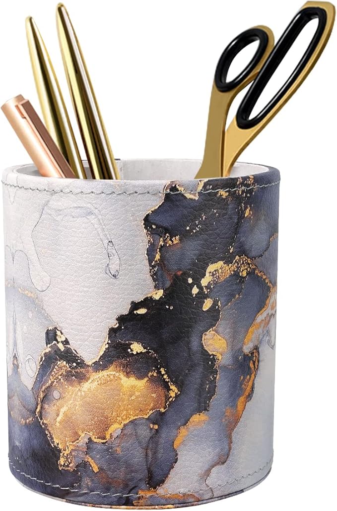 WAVEYU Marble Pen Holder for Desk, Pencil Organizer Office Decor, Makeup Brush Holder Large Pu Leather Multi-Functional Organizer Cup for Office, Classroom, Home, Gold Marble