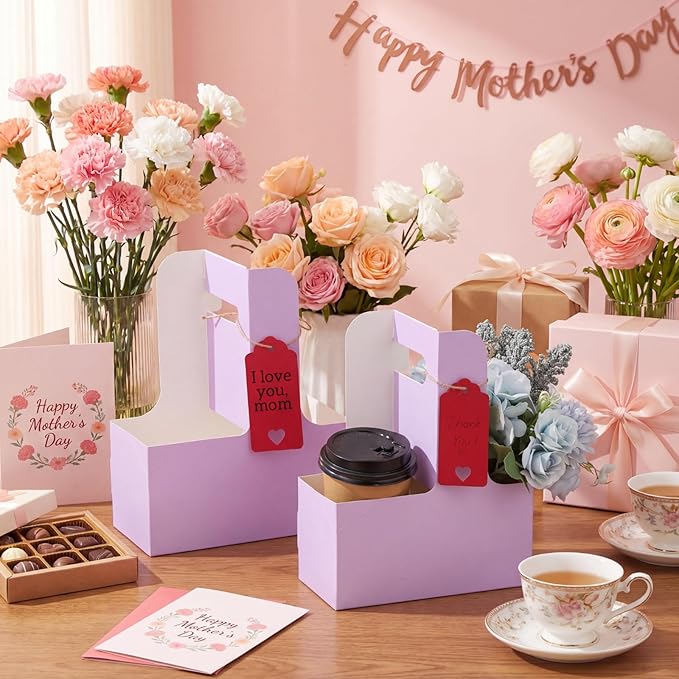 MotiMind 30 Pack Mother's Day 2 Cup Drink Carrier with Handle, Kraft Paperboard Teacher Cup Holder Portable for Hot Cold Drinks, Coffee Carrier Gift with Heart Card Rope (Light Purple)