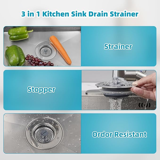 Hibbent 3 in 1 Kitchen Sink Drain Strainer, Stainless Steel Wrapped Shell Drain Stopper Combo, Pop Up Sink Stopper, 3 SUS304 Anti-Clogging Basket Strainer with Handle for US Standard 3-1/2" Drain
