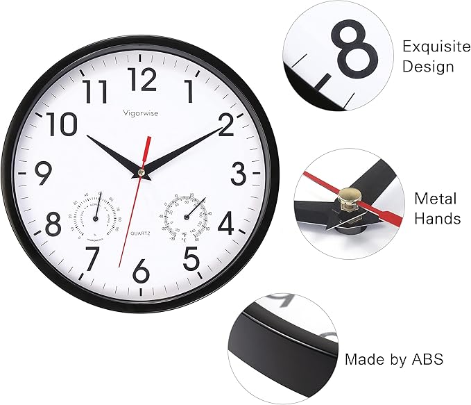 Wall Clock, Sweep Silent Movement Accurate Clocks with Temperature & Humidity, Decorative for Kitchen/Living Room/Bedroom/Office/School/Classroom (Black, 10 inch)