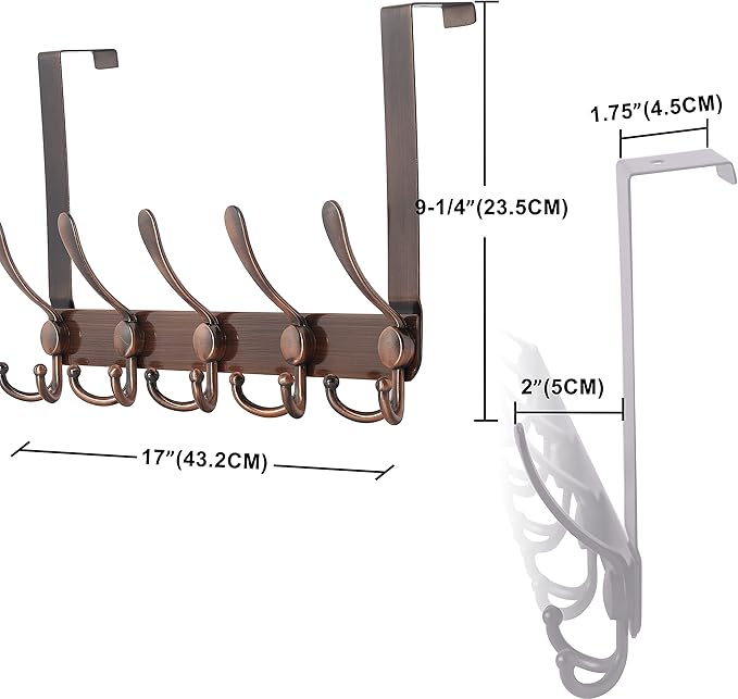 Dseap Over The Door Hook Hanger - Fits 1 3/8" to 1 3/4" Standard Doors | 5 Tri Hooks Heavy Duty Towel/Coat Rack | Door Organizer for Clothes, Jackets, Hats, Towels, Antique Copper