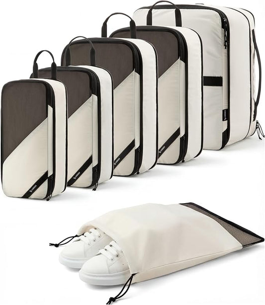 LUGGEX 6 Set Compression Packing Cubes for Travel, POX01 Luggage Organizers Bags, Suitcase Organizer with Shoe Bag Travel Accessories Essentials for Carry-on & Checked (POX-En, Beige)