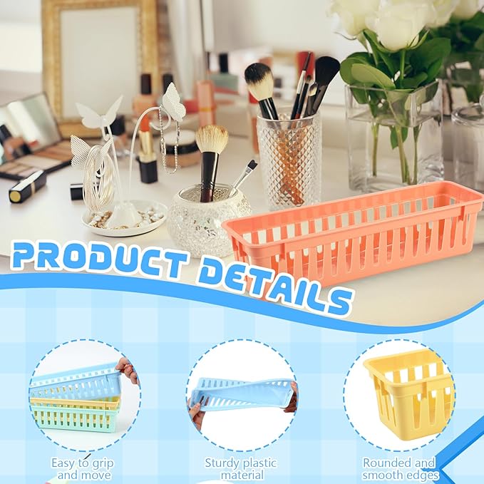 12 Pcs Morandi Slim Plastic Storage Baskets Tray 10 x 3 x 2.5 Inch Compact Stackable Desk Organizer for Office, Classroom, School Supplies, and Home Storage, Organization(Morandi)