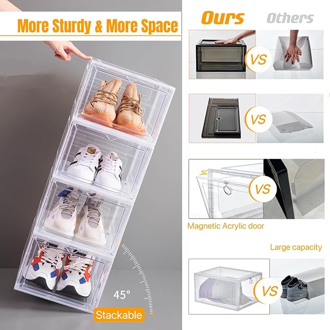 Attelite Upgraded Shoe Storage Box 9 Pack Shoe Box Clear Plastic Stackable X-Large Drop Front Shoe Box with Clear Magnetic Door, Shoe Organizer and Shoe Containers For Sneaker Display