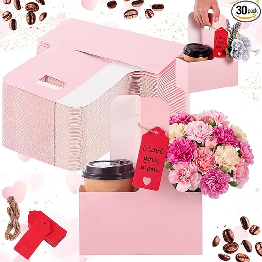 MotiMind 30 Pack Mother's Day 2 Cup Drink Carrier with Handle, Kraft Paperboard Teacher Cup Holder Portable for Hot Cold Drinks, Coffee Carrier Gift with Heart Card Rope (Pink)