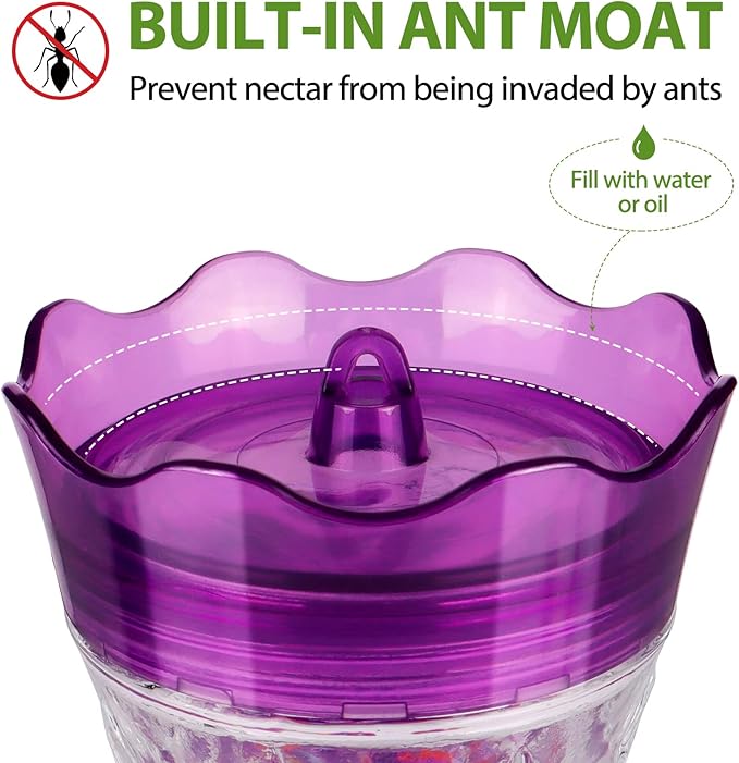 BOLITE Glass Hummingbird Feeders for Outdoors Hanging, Built-in Ant Moat, 4 Bee Guard Feeding Ports with Perches, Leak Proof, 15 Ounces, Stars Decor, Purple, Gifts for Women Men, Gifts for Mom Dad