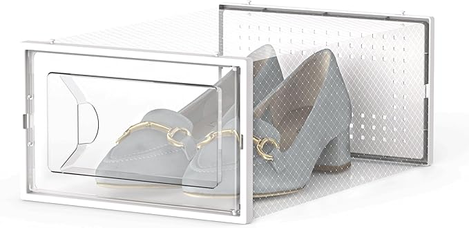 Kuject 15 Pack Shoe Storage Boxes, Large Clear Plastic Stackable Shoe Organizer for Closet, Connect Left and Right Shoe Boxes Case Container Bin for Entryway, Drop Front, Fit for Size 10 (White)