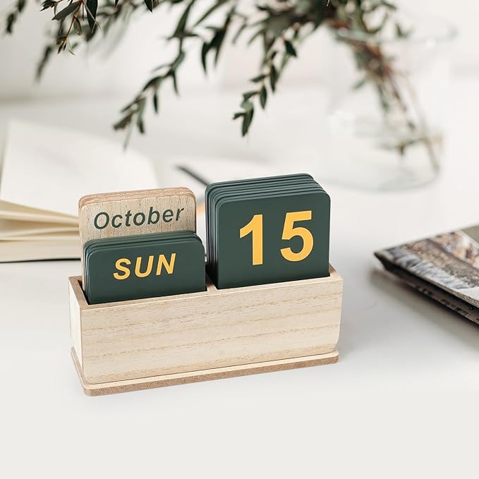 Wooden Block Perpetual Calendar for Desk, Daily Desktop Standing Flip Calendar with Large Display, Modern Farmhouse Aesthetic Desk Accessory for Home Office Decor, Reusable Yearly, Wood Grain