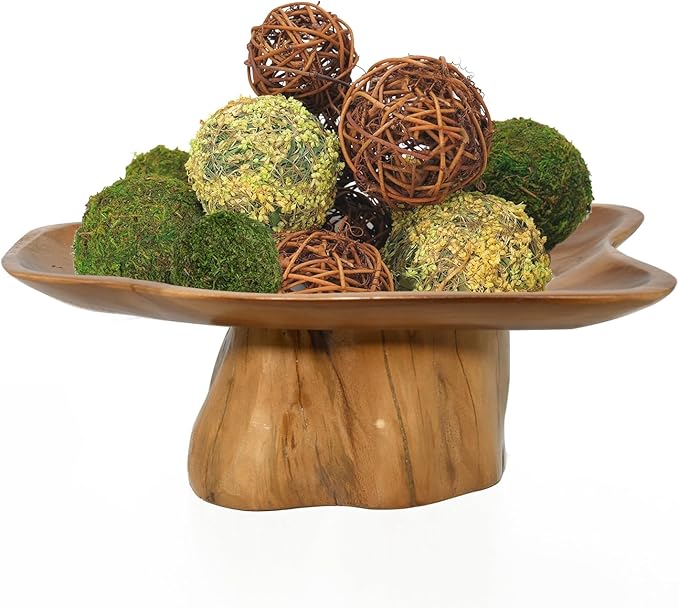 Decorative Bowl for Tabletop Decor, Live Edge Serving Tray with Base, Home Centerpiece Decor, Teak Wood