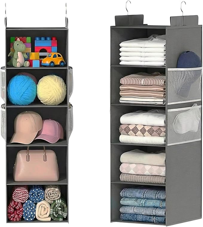 Deep Hanging Closet Organizers and Storage, Closet Hanging Storage Shelves with 5 Shelves and 4 Mesh Pockets, Heavy-Duty Closet Organizer for Clothes, Hats, and RVs and Dorm Essential,1-Pack, Grey