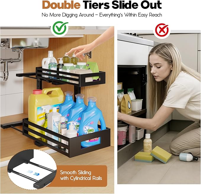 1-Pack Under Sink Organizers and Storage, 2-Tier L-Shape Pull Out Cabinet Organizer with Round Tube Slide Rails, Height Adjustable Slide Out Drawers for Kitchen & Bathroom, Multi-Purpose Storage Shelf - Black