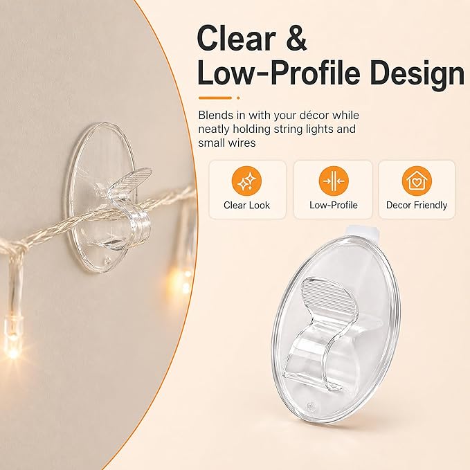 Hooks Lights Clips Outdoor String - 3X Stronger Adhesion 40Pcs Clear Heavy Duty Hangers Waterproof Adhesive - Sticky Removable 0 Residue No Drill Indoor Garage - for Patio Fence Gutters Wall Christmas
