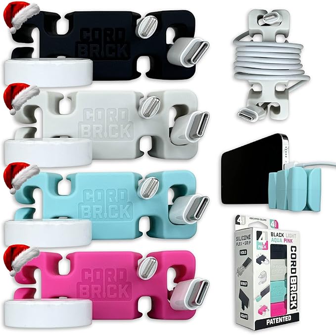 CordBrick 4pk Weighted Cord Holder for Nightstand - Phone Charger Cable Management for Travel - Phone Accessory Stocking Stuffers for Adults - Multipurpose Gift for Home, Office, Assorted