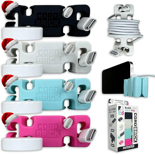 CordBrick 4pk Weighted Cord Holder for Nightstand - Phone Charger Cable Management for Travel - Phone Accessory Stocking Stuffers for Adults - Multipurpose Gift for Home, Office, Assorted