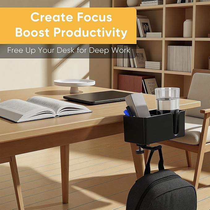 4-in-1 Clip On Desk Cup Holder - Adjustable Mountable Cup Holder with Divider & Rotating Hook - Large No Spill Clamp On Drink Holder Attachment - for Desk Chair Table Bed Tray - Black