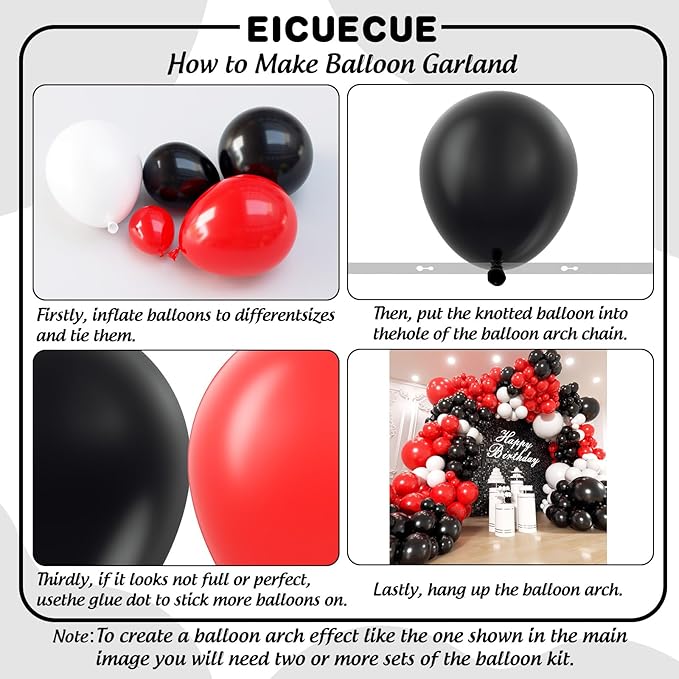 EICUECUE Red and Black White Balloons Garland Arch Kit 200Pcs - 5 10 12 18 inch Different Size Balloons for Graduation Birthday Anniversary Racing Car Poker Card Theme Party Decorations