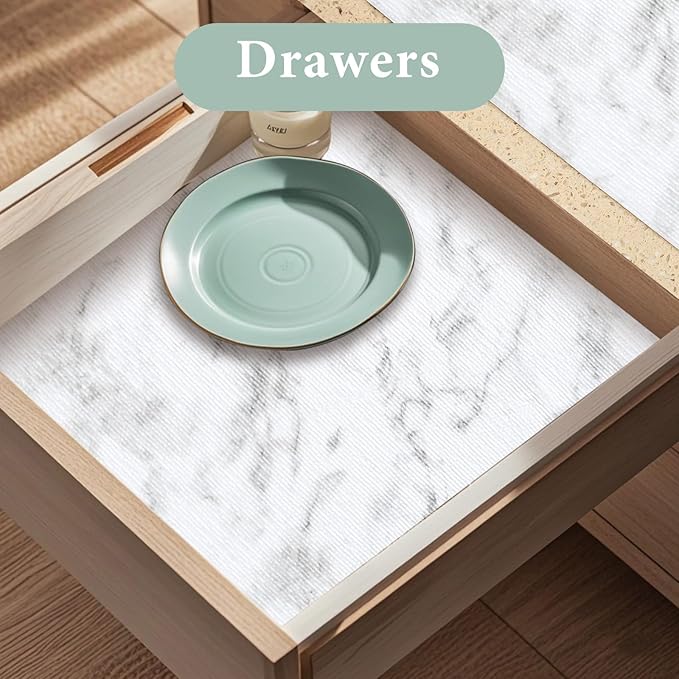 Drawer and Shelf Liner for Kitchen Cabinet: 12 in X 49.21 Ft Non-Slip Waterproof Shelf Paper, Non-Adhesive Refrigerator Liners, White Marble Easy Liners for Bathroom with Knife and Tape Measure