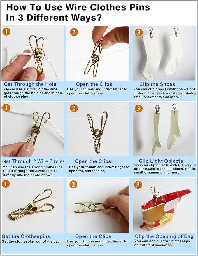 50 Pcs Gold Clothes Pins, AITRAI Heavy Duty ClothesPins Stainless Steel Wire Clothes Pins Laundry Clips for Clothesline Hanging Clothes Outdoor Travel Camping