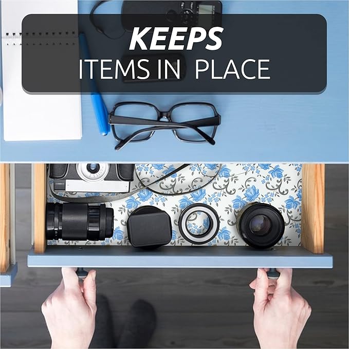 FIFTY FEET 12X120 Inch Shelf Liner for Kitchen Cabinets, PVC Drawer Liner for Dresser Non-Slip Bathroom, Non-Adhesive Cabinet Liner Washable (Blue Floral)(7 Roll)