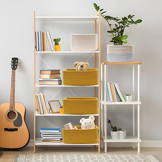 COMFY-HOMI 13" x 8.5" x 5.1" Storage Baskets for Organizing | Cotton Rope Woven Basket | Toy Storage Bin Box | Basket for Shelves, Closet Organizer Bin, Decorative Closet Shelf, 3 Pack, Yellow