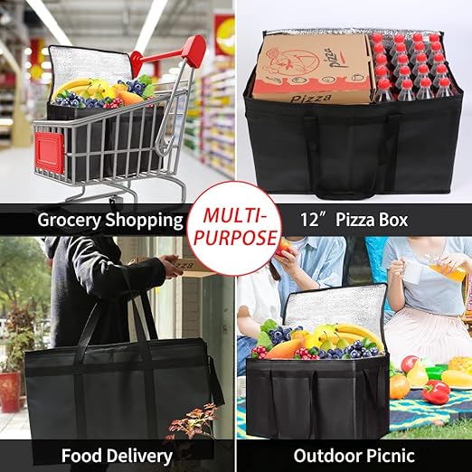 1-Pack Insulated Food Delivery Bag with Hard Bottom, XXX-Large Commercial Food Warmers for Delivery Drivers, Insulated Reusable Grocery Cooler/Hot Bags, Tote Bag for Shopping/Travel, Black