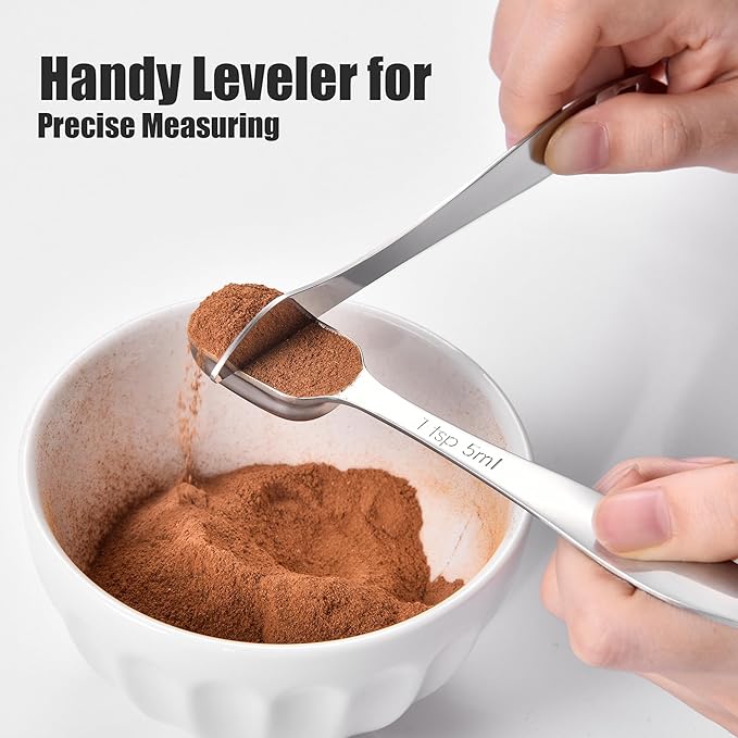 18/8 Stainless Steel Measuring Spoons: Doosu Heavy Duty Rectangular Spoon Square Teaspoon Tablespoon Scoop with Slim Long Handle in Narrow Spice Jar for Kitchen Baking Cooking (Set of 7 with Leveler)