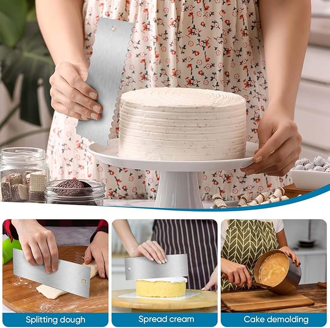 SenseYo 3 Pcs 9 Inch Stainless Steel Cream Cake Scraper Smoother Comb with Double Sides for Decorating Icing Mousse Butter