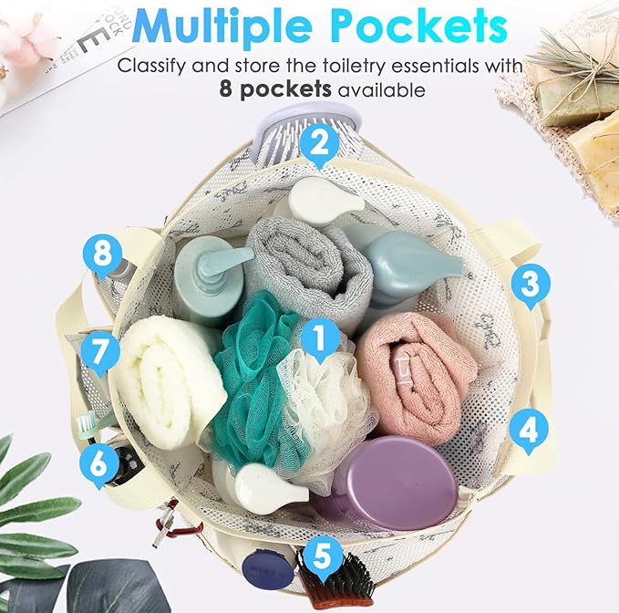 Fammart Mesh Shower Caddy Portable for College Dorm Room Essentials, 8-Pocket Large Shower Basket Tote Bag with 2 Handles for Toiletry, Bathroom, Beach, Camp, Gym