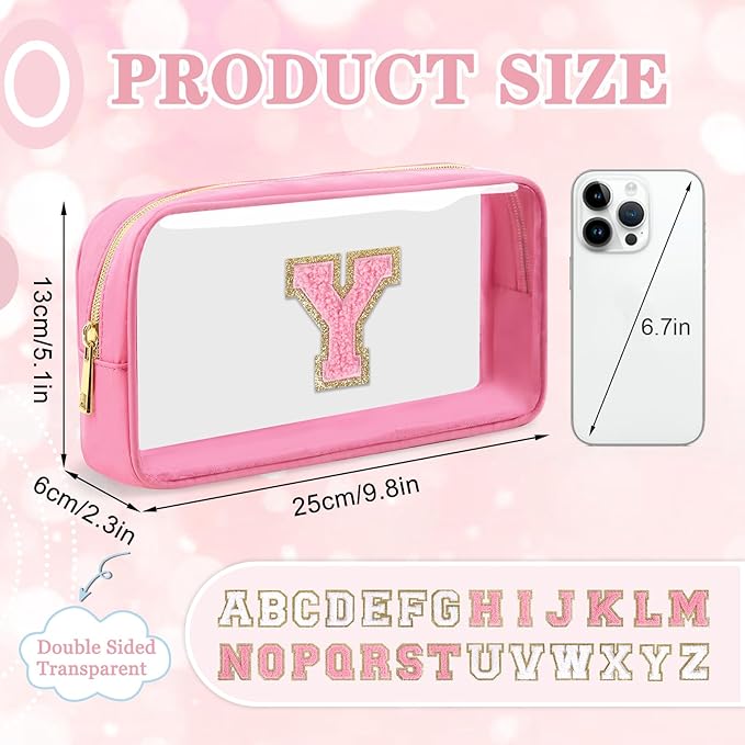 Small Clear Personalized Initial Makeup Bag, Preppy A-Z Chenille Letter Patch Cosmetic Bag, Cute Transparent Nylon Waterproof Zipper Beach Varsity Letter Pouch, Gift for Women Girls(Pink-Pink Y)
