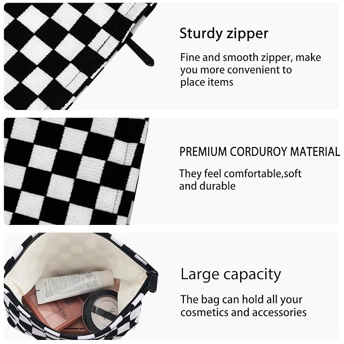 ZLFSRQ Checkered Makeup Bag for Women Large Capacity Black Travel Cosmetic Bag Set Makeup Pouch for Purse Zipper Toiletry Organizer Cute Y2K Aesthetic Trendy Adults Zipper Skincare Storage Organizer