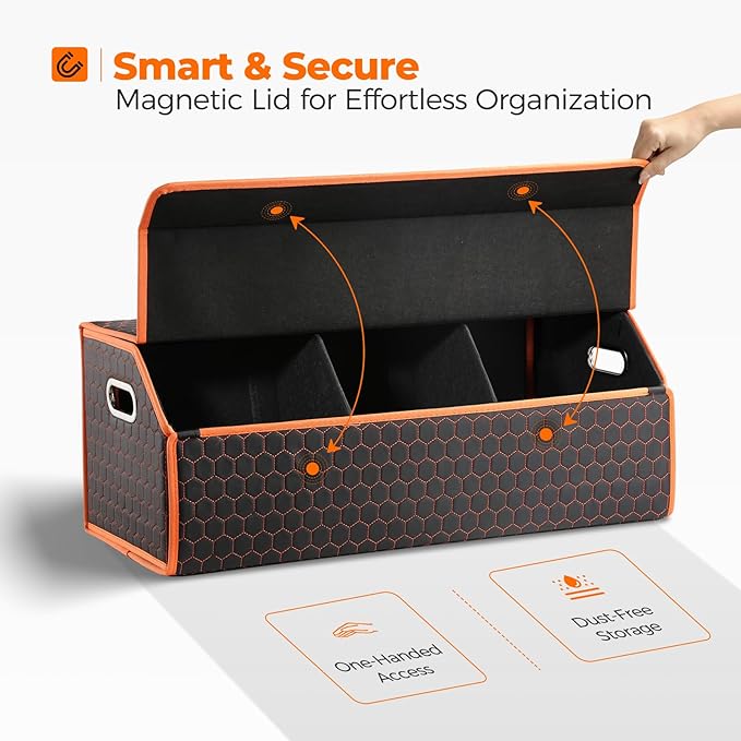 Fyzeoty Car Organizers and Storage - Trunk Organizer for SUV Car, Car Trunk Leather Storage Box, Extra Large, Magnetic Lid, Collapsible and Adjustable