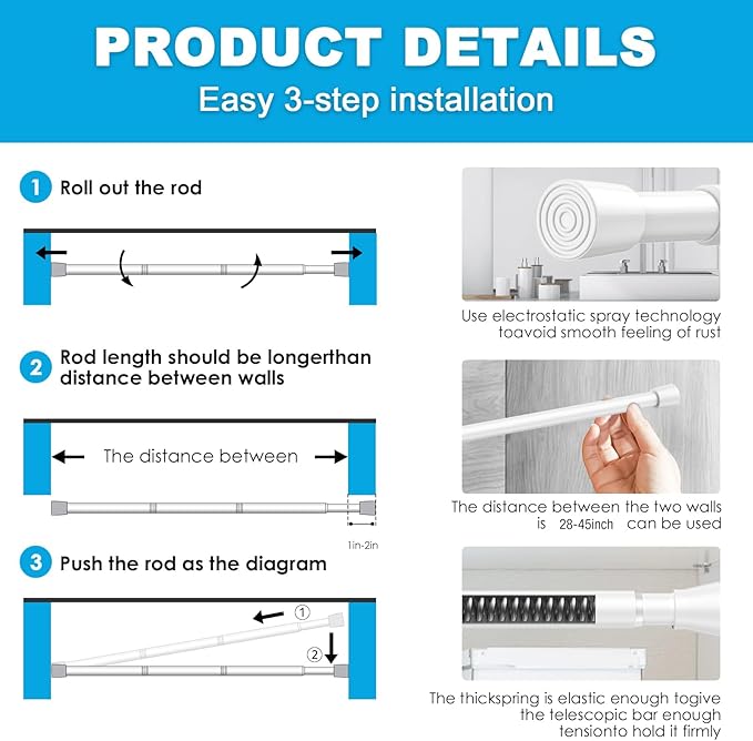 1 Pack Spring Tension Rods 33-59 Inches, 5/8 Inch Diameter White No Drill Spring Loaded Adjustable Extendable, Small Short Tension Curtain Rod for Windows Kitchen Doorway Closet Cupboard