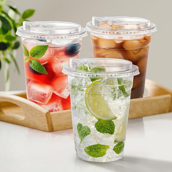 BYSNOW 16 oz 50 Pack Clear Plastic Cups with Lids, Disposable Iced Coffee Drink Cups with Strawless Sip Lids for Parties, Outdoors, Office and Events