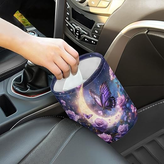 gearider Butterfly Car Garbage Can Small Trash Can with Leak Proof Inside Liner and Hanging Strap Moon Waste Basket Purple Car Garbage Accessory