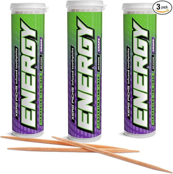 Xero Picks Energy Caffeine Flavored Toothpicks B12 for Focus & B6, 60 Picks (Pack of 3) (Grape) Sugar-Free Alternative to Energy Mints & Gum - Kosher