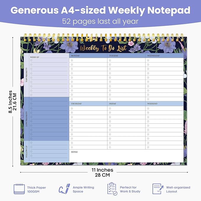 Weekly To Do List Notepad with 52 Undated Sheets（8.5"×11"）- Undated Weekly Planner Notepad for Office Desk Accessories and Supplies - Blue Meadow