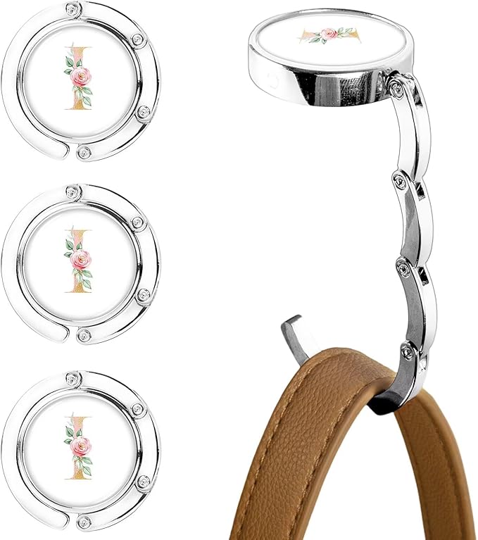 XSUIOY 3Pcs Personalized Initial Foldable Purse Hook for Table,Crushed Flower Letters Folding Purse Hanger,Purse Holder Handbag Hanger Collection Desk Table Bag Hooks Gifts for Women Bag(Pink-I)