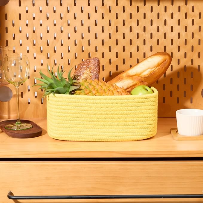 MiniArk Small Storage Baskets for Organizing | Closet Organizer Bins | Shelf Toy Basket | Woven Rope Baskets | Cube Decorative Box | Shallow Basket | 11.5x7.5x4.7” | 4 Packs Yellow