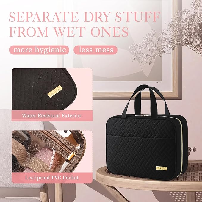 HOTOR Travel Toiletry Bag - Hanging Toiletry Bag for Women & Men, Makeup Bag/Big Compartment, Waterproof for Travel Accessories, Travel Essentials, Medium, Black