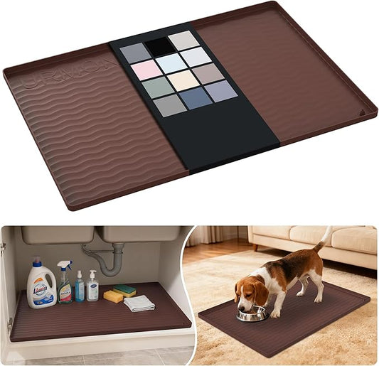 URMONA Waterproof Silicone Under Sink Mat 28'' x 19'' Shelf Liner for Kitchen and Bathroom, Cabinet and Counter Protector, Storage and Organizers, Litter Mat, Pet Cat Puppy Essentials(Brown)