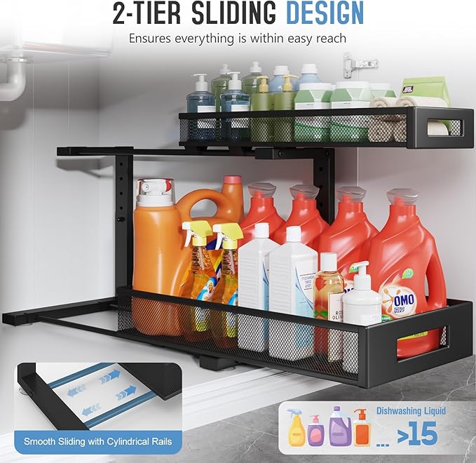1 Pack 19-Inch Deep Under Sink Storage Organizer, Large 2-Tier Elegant Mesh Pull-Out Shelf for Kitchen and Bathroom Cabinet Organization, L-Shaped and Adjustable Height Design - Black
