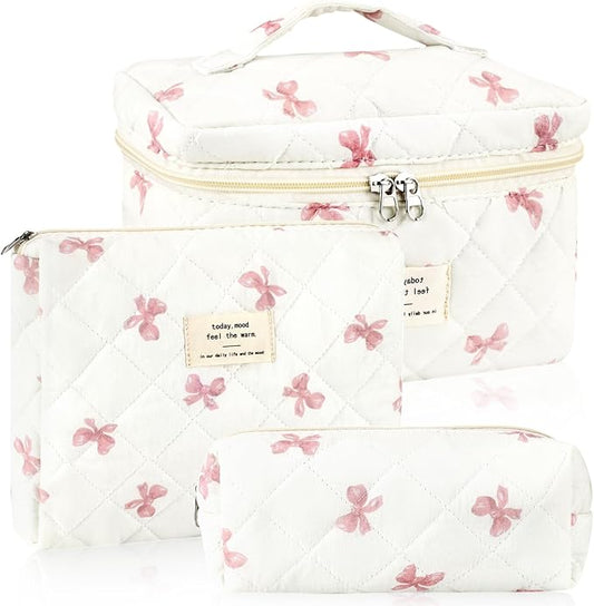 3Pcs Cotton Quilted Makeup Bag for Women Extra Large Coquette Small Floral Travel Cosmetic Bag Set Aesthetic Cute Bow Makeup Pouch Portable Toiletry Bag Puffy Essential Storage Organizer
