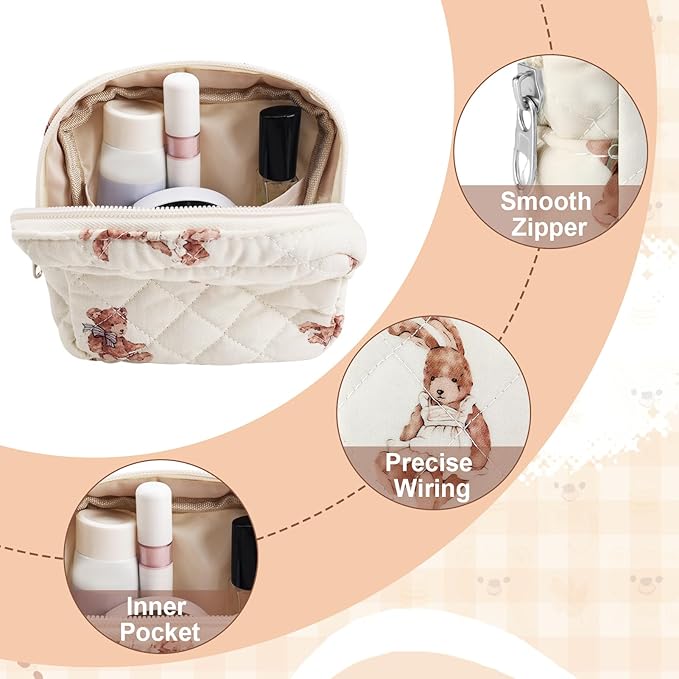Small Quilted Cotton Makeup Bag for Purse Mini Cosmetic Period Bag for Women Cute Small Bear Makeup Sanitary Pouch Portable Travel Toiletry Bags with Zipper Christmas Birthday Gifts