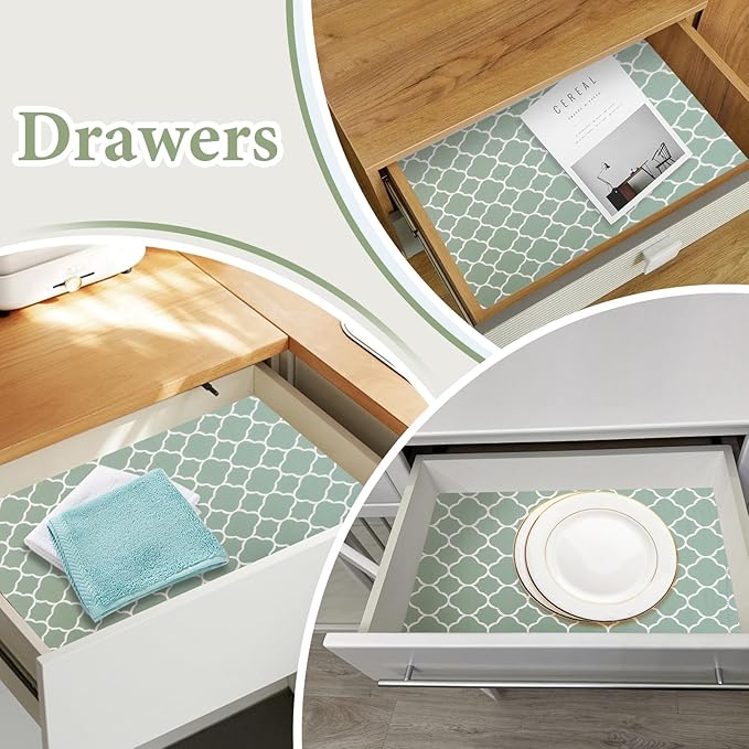 Shelf Liners for Kitchen Cabinets Non Adhesive Drawer Liner 12in x 30FT Light Green Quatrefoil Thickened Shelf Liner Strong Non-Slip Easy to Clean for Tool Box Refrigerator with Knife and Tape Measure